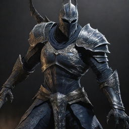 A colossal figure, Artorias, is armored in gleaming steel with intricate adornments. His presence, both awe-inspiring and fearsome, reflects many battle experiences. His eyes, visible in the helm's slit, shine with the intensity of one who faced darkness.