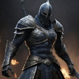 A colossal figure, Artorias, is armored in gleaming steel with intricate adornments. His presence, both awe-inspiring and fearsome, reflects many battle experiences. His eyes, visible in the helm's slit, shine with the intensity of one who faced darkness.