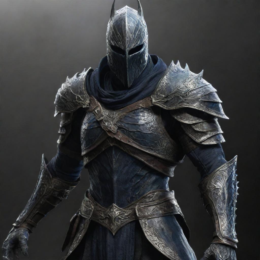 A colossal figure, Artorias, is armored in gleaming steel with intricate adornments. His presence, both awe-inspiring and fearsome, reflects many battle experiences. His eyes, visible in the helm's slit, shine with the intensity of one who faced darkness.