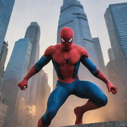 Spider-Man engaged in an intense battle with Thanos in a dramatic city backdrop with skyscrapers, in a vivid comic book style.