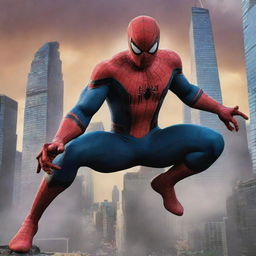 Spider-Man engaged in an intense battle with Thanos in a dramatic city backdrop with skyscrapers, in a vivid comic book style.