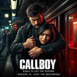 An action crime thriller film poster for 'Callboy', depicting a rugged criminal man helping an innocent woman escape from a red light area at a train station