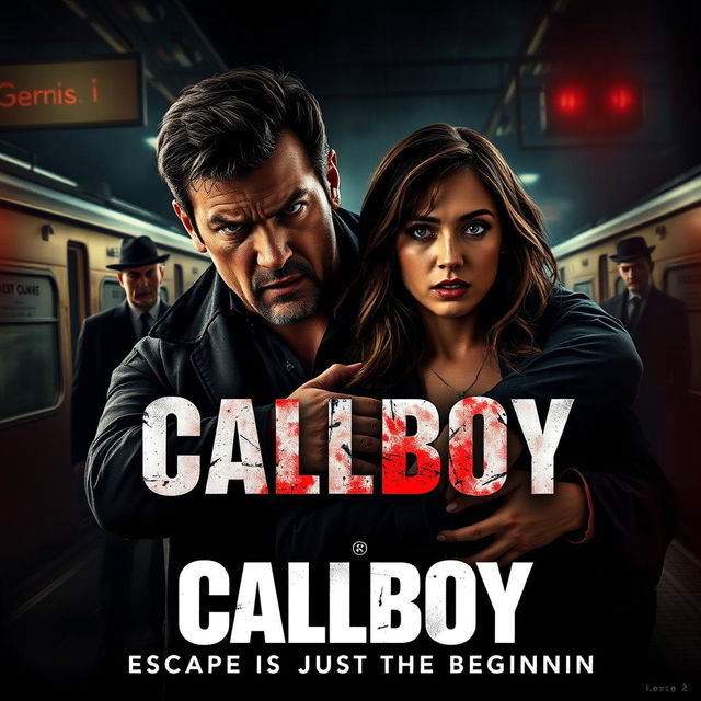 An action crime thriller film poster for 'Callboy', depicting a rugged criminal man helping an innocent woman escape from a red light area at a train station