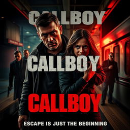 An action crime thriller film poster for 'Callboy', depicting a rugged criminal man helping an innocent woman escape from a red light area at a train station