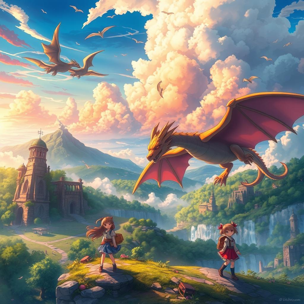 A stunning anime-style fantasy wallpaper depicting a magical world filled with enchanting landscapes, soaring dragons, and captivating mysteries