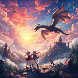 A stunning anime-style fantasy wallpaper depicting a magical world filled with enchanting landscapes, soaring dragons, and captivating mysteries