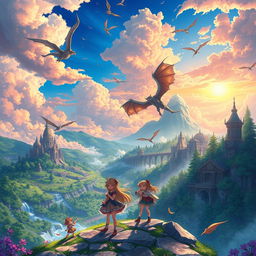 A stunning anime-style fantasy wallpaper depicting a magical world filled with enchanting landscapes, soaring dragons, and captivating mysteries