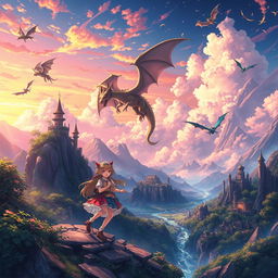 A stunning anime-style fantasy wallpaper depicting a magical world filled with enchanting landscapes, soaring dragons, and captivating mysteries