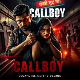 An action crime thriller film poster for 'Callboy', depicting a rugged criminal man aiding an innocent woman in escaping from a red light area at a train station in Mumbai