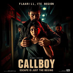 An action crime thriller film poster for 'Callboy', depicting a rugged criminal man aiding an innocent woman in escaping from a red light area at a train station in Mumbai