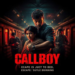 An action crime thriller film poster for 'Callboy', depicting a rugged criminal man aiding an innocent woman in escaping from a red light area at a train station in Mumbai