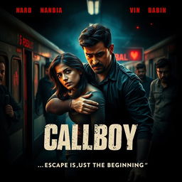 An action crime thriller film poster for 'Callboy', depicting a rugged criminal man aiding an innocent woman in escaping from a red light area at a train station in Mumbai