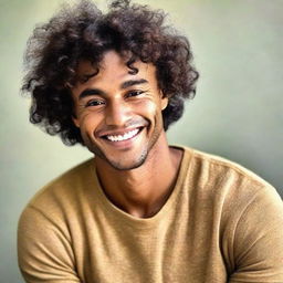 A portrait of a handsome, dark-skinned man with curly hair, radiating a gentle demeanor and warm smile.