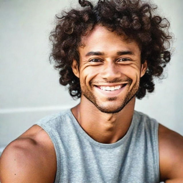 A portrait of a handsome, dark-skinned man with curly hair, radiating a gentle demeanor and warm smile.