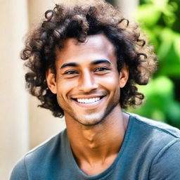 A portrait of a handsome, dark-skinned man with curly hair, radiating a gentle demeanor and warm smile.