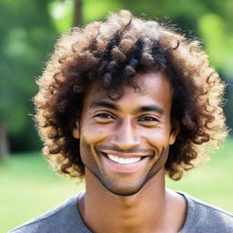 A portrait of a handsome, dark-skinned man with curly hair, radiating a gentle demeanor and warm smile.