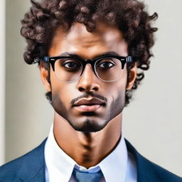 A portrait of a radiant, dark-skinned man with curly hair wearing stylish glasses, reflecting intelligence and charisma.