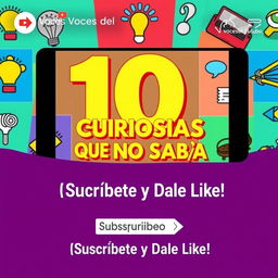 A colorful and eye-catching YouTube thumbnail for a video titled "10 Cosas Curiosas Que No Sabías" for the channel "Voces Del Futuro"