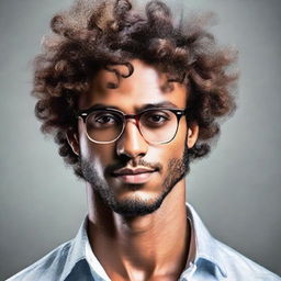 A portrait of a radiant, dark-skinned man with curly hair wearing stylish glasses, reflecting intelligence and charisma.