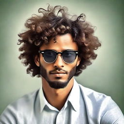 A portrait of a radiant, dark-skinned man with curly hair wearing stylish glasses, reflecting intelligence and charisma.