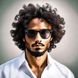 A portrait of a radiant, dark-skinned man with curly hair wearing stylish glasses, reflecting intelligence and charisma.