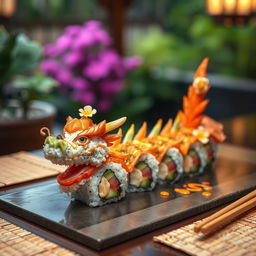 An artistic representation of dragon sushi, featuring a beautifully crafted sushi roll shaped like a dragon