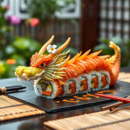 An artistic representation of dragon sushi, featuring a beautifully crafted sushi roll shaped like a dragon