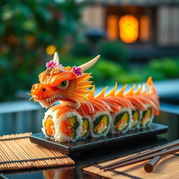 An artistic representation of dragon sushi, featuring a beautifully crafted sushi roll shaped like a dragon