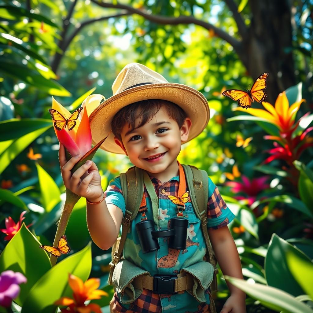 A young explorer in a vibrant, lush jungle, wearing a colorful explorer outfit complete with a small backpack, a wide-brimmed hat, and binoculars around their neck