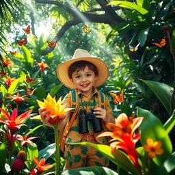 A young explorer in a vibrant, lush jungle, wearing a colorful explorer outfit complete with a small backpack, a wide-brimmed hat, and binoculars around their neck