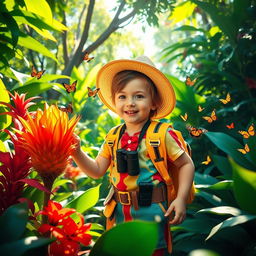 A young explorer in a vibrant, lush jungle, wearing a colorful explorer outfit complete with a small backpack, a wide-brimmed hat, and binoculars around their neck