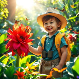 A young explorer in a vibrant, lush jungle, wearing a colorful explorer outfit complete with a small backpack, a wide-brimmed hat, and binoculars around their neck