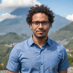 A portrait of a confident, dark-skinned man with short curly hair, wearing glasses, standing with the beautiful backdrop of landmark Guatemalan scenery.