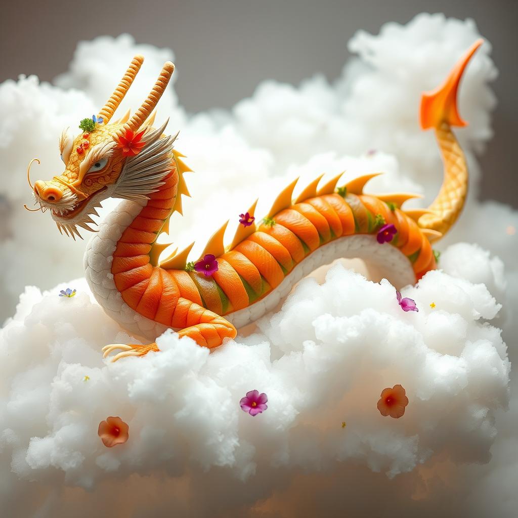 An imaginative scene of dragon sushi, designed to resemble a majestic dragon, elegantly coiling through fluffy clouds