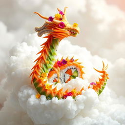 An imaginative scene of dragon sushi, designed to resemble a majestic dragon, elegantly coiling through fluffy clouds