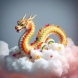 An imaginative scene of dragon sushi, designed to resemble a majestic dragon, elegantly coiling through fluffy clouds