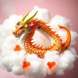 An imaginative scene of dragon sushi, designed to resemble a majestic dragon, elegantly coiling through fluffy clouds