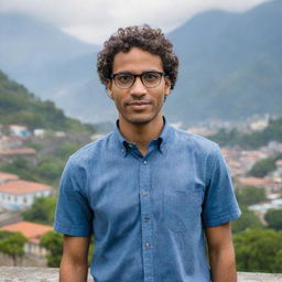 A portrait of a confident, dark-skinned man with short curly hair, wearing glasses, standing with the beautiful backdrop of landmark Guatemalan scenery.