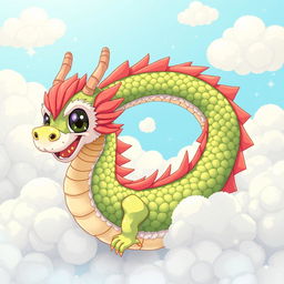 A vibrant anime-style illustration of dragon sushi, designed to resemble an anime dragon coiling through fluffy, whimsical clouds