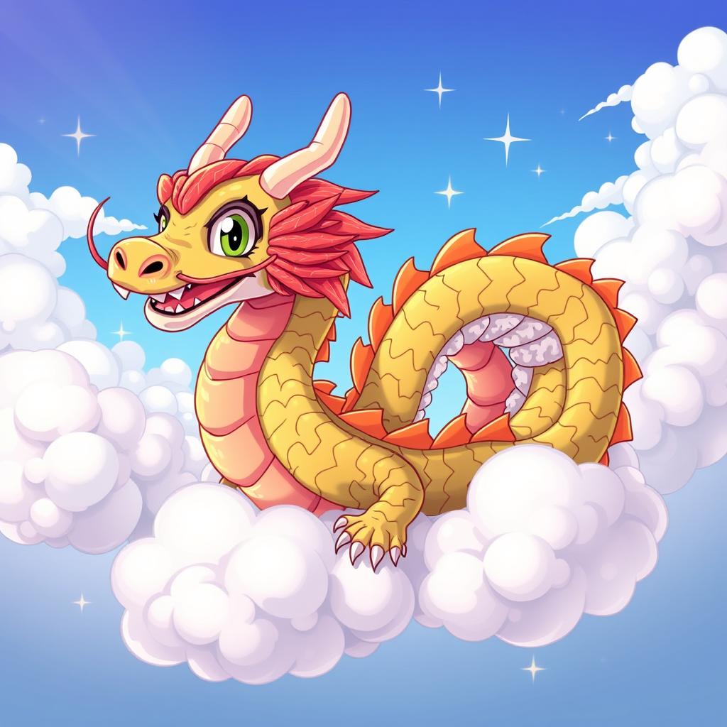 A vibrant anime-style illustration of dragon sushi, designed to resemble an anime dragon coiling through fluffy, whimsical clouds