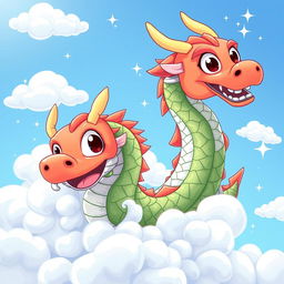 A vibrant anime-style illustration of dragon sushi, designed to resemble an anime dragon coiling through fluffy, whimsical clouds