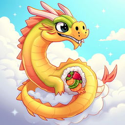 A vibrant anime-style illustration of dragon sushi, designed to resemble an anime dragon coiling through fluffy, whimsical clouds