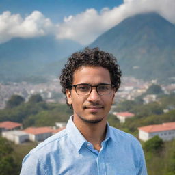 A portrait of a confident, dark-skinned man with short curly hair, wearing glasses, standing with the beautiful backdrop of landmark Guatemalan scenery.