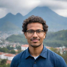 A portrait of a confident, dark-skinned man with short curly hair, wearing glasses, standing with the beautiful backdrop of landmark Guatemalan scenery.