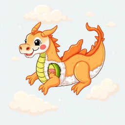 A whimsical illustration of dragon roll sushi, designed to resemble a playful dragon gliding through fluffy, cartoonish clouds