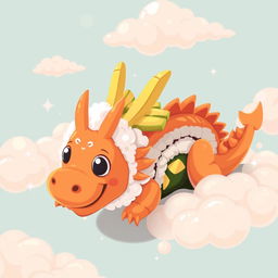 A whimsical illustration of dragon roll sushi, designed to resemble a playful dragon gliding through fluffy, cartoonish clouds