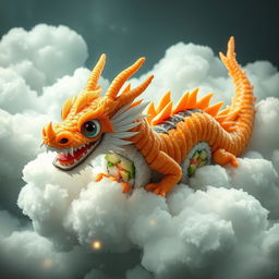 A stunning depiction of a giant dragon sushi roll, expertly crafted to resemble a magnificent dragon soaring through fluffy, ethereal clouds