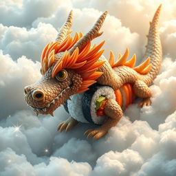 A stunning depiction of a giant dragon sushi roll, expertly crafted to resemble a magnificent dragon soaring through fluffy, ethereal clouds