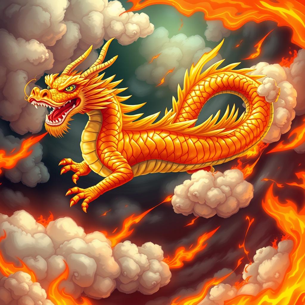 An epic illustration of a dashing sushi dragon, full of dynamic energy, flying through an intense scene of swirling fire and fluffy clouds