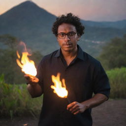 A powerful, dark-skinned man with short curly hair, wearing glasses, standing in a Guatemalan landscape. He is demonstrating his fire manipulation powers, casting a warm, fiery glow around him.